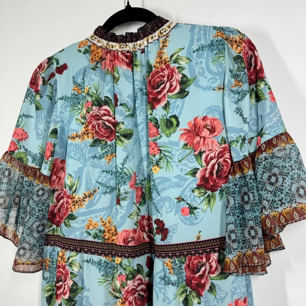 Alice + Olivia Blue Floral Boho Dress Size XS Ruffle Sleeve Tie Neck - Picture 9 of 16